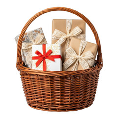 Gift basket with presents and ribbon bows isolated on transparent background