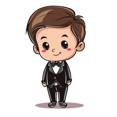 Cartoon Groom in Black Tuxedo with Rosy Cheeks and Bowtie