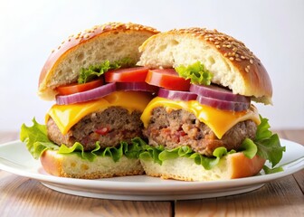 Cheeseburger cut in half on a plate