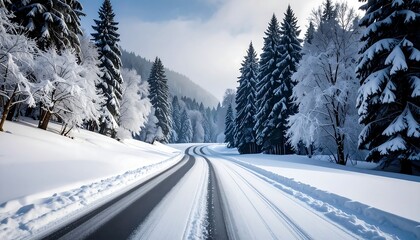 A winter wonderland road winds through a snow-covered forest landscape