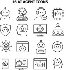 An array of sixteen distinct AI agent icons showcasing the versatility of artificial intelligence in various settings and applications. Each icon represents a unique aspect of AI technology.