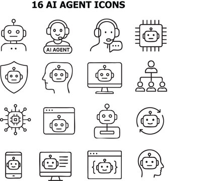 An array of sixteen distinct AI agent icons showcasing the versatility of artificial intelligence in various settings and applications. Each icon represents a unique aspect of AI technology.