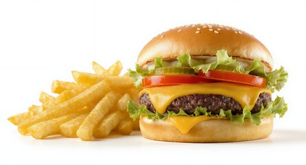 Classic Cheeseburger and Fries on White Background