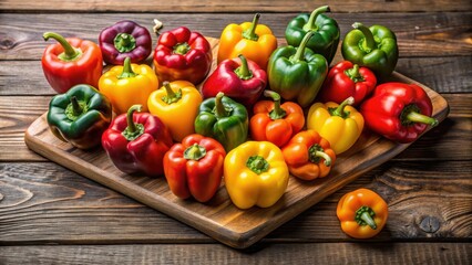 A vibrant selection of bell peppers showcased on a natural wooden board in an eclectic display