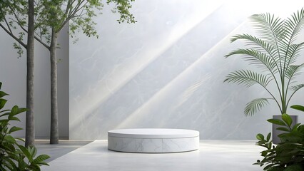 empty round marble podium with sunlight and green leaves, concept for product presentation