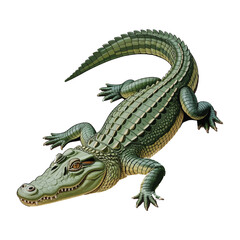 Fototapeta premium A detailed illustration of a green alligator with its tail curved upwards against a white background