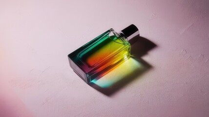 Naklejka premium Prismatic refraction: A square perfume bottle casts a spectrum of light on pink