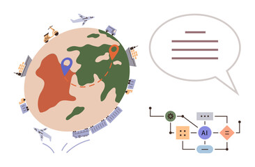 Globe with transport modes encircling, location marker, AI flowchart, and speech bubble. Ideal for global trade, logistics, technology, automation connectivity smart systems innovation. Simple