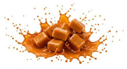 Pile of caramel candies splashing isolated PNG with Transparent Background