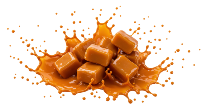 Pile of caramel candies splashing isolated PNG with Transparent Background