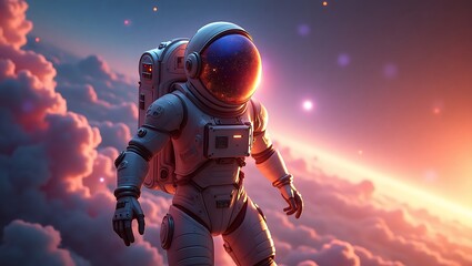 Fototapeta premium An astronaut in a spacesuit floats above a cloudscape with a sunset glow and distant stars visible