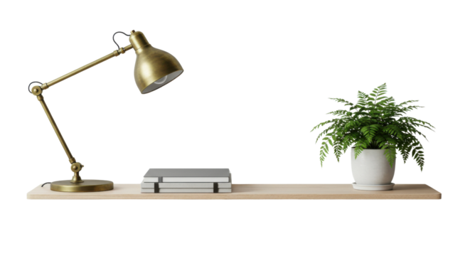 Desk lamp with plant and book arrangement on wooden shelf isolated PNG with Transparent Background