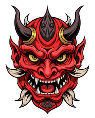 Menacing red Oni mask with sharp fangs and horns, perfect for Halloween or Japanese folklore themes