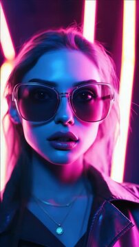 A beautiful young woman wearing large, trendy sunglasses against a vibrant neon background.