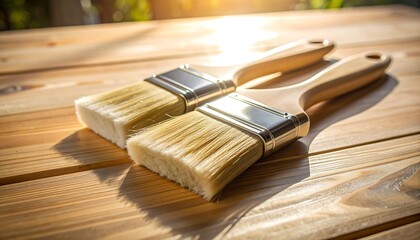 Two paintbrushes on a wooden table in sunlight