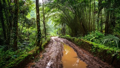 muddy path through a lush forest