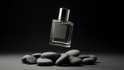 A clear perfume bottle with a black cap hovering above smooth gray stones on a dark background