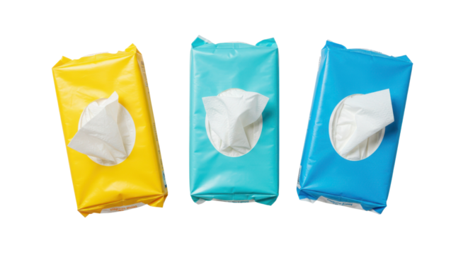 Three colorful packs of baby wipes isolated PNG with Transparent Background