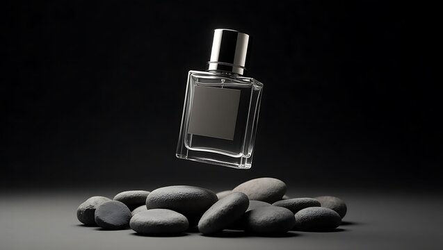 A clear perfume bottle with a black cap hovering above smooth gray stones on a dark background