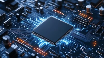 Detailed Close-Up of Microprocessor on Circuit Board with LEDs