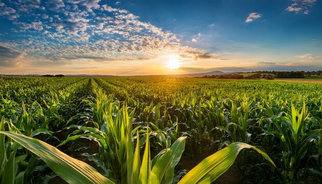 lush green cornfield stretching towards the horizon under a bright blue sky with fluffy clouds and a warm golden sunrise in the background - Powered by Adobe
