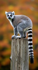 Ring-tailed lemur perched on weathered wood post, gazing intently with striking eyes and striped tail