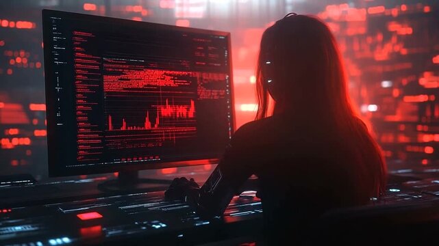 Futuristic Cyberpunk Hacker coding with glowing red screen and neon city background