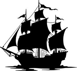 pirate ship vector illustration, vector, silhouette, ship, illustration, sea, sail, boat, black, travel, ocean, helicopter, silhouettes, sailboat, airplane, air, symbol, cartoon, transport, flying, de