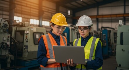 Collaboration and training of female engineers in manufacturing facility industrial environment teamwork skill development close-up view
