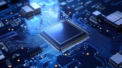 Fototapeta premium Close-Up View of Microchip on Circuit Board with Electric Background