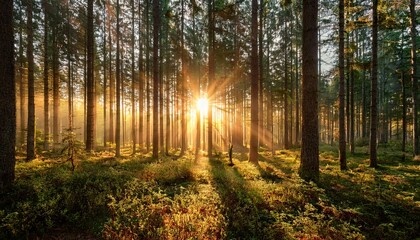 radiant sunrise casts a golden glow through the dense forest illuminating the majestic trees in magical light