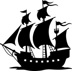 pirate ship vector illustration, vector, silhouette, ship, illustration, sea, sail, boat, black, travel, ocean, helicopter, silhouettes, sailboat, airplane, air, symbol, cartoon, transport, flying, de