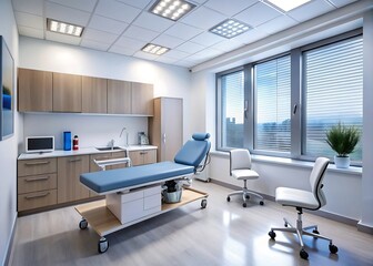 Modern medical examination room with professional equipment and natural light