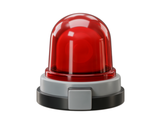 Bright red rotating warning light with a gray and black base isolated on transparent background