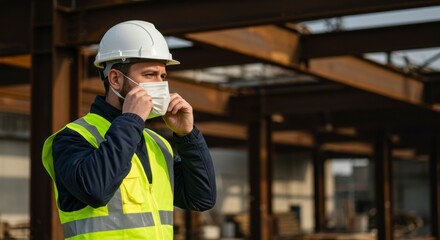 Construction worker adjusting face mask at job site industrial environment safety procedures outdoor viewpoint workplace health guidelines