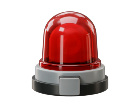Bright red rotating warning light with a gray and black base isolated on transparent background