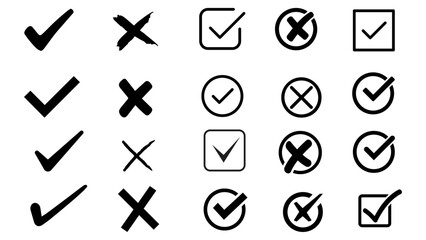 Check marks doodle set. Vote, yes, no, checkbox, checklist, tick and cross signs, v and x drawn concept. Hand drawn doodle sketch style vector illustration © MR.AK