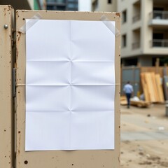 Blank White Paper Attached to Outdoor Wall in Urban Construction Environment for Creative Use and Backgrounds