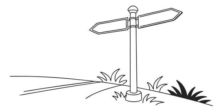 A minimalist continuous line art drawing of a fingerpost with directional signs rendered in a clean graphic style suitable for navigation or information design