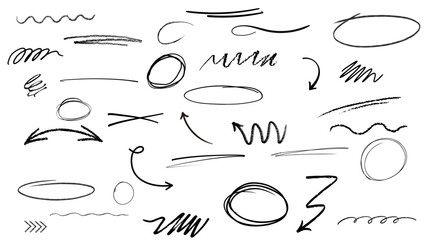 Black pencil hand drawn various oval, chalked arrows, check marks. Vector doodle marker drawing. Hand drawn charcoal symbols for diagrams. Freehand grunge red strikethrough and underline elements © MR.AK