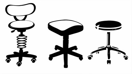 Three different styles of rolling stools with varying designs and features in a black and white image silhouette