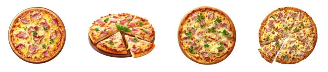Ham cheese pizza isolated on transparent background.