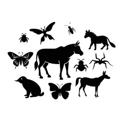 Collection of animal icons featuring diverse species including mammals, birds, and insects in a simple black silhouette design