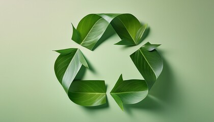 recycling symbol crafted from green leaves on a soft pastel background emphasizing nature and sustainability