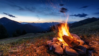 campfire burning in the mountains during a cool evening with visible sparks ideal for outdoor lifestyle visuals camping promotions and travel campaigns