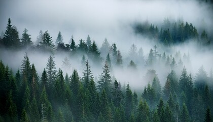 misty forest landscape ethereal fog evergreen trees layers of pine trees atmospheric mist