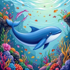 Obraz premium Vibrant Underwater Scene with Whale and Colorful Coral Reef