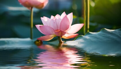 serene pink lotus flower surrounded by natural water reflection
