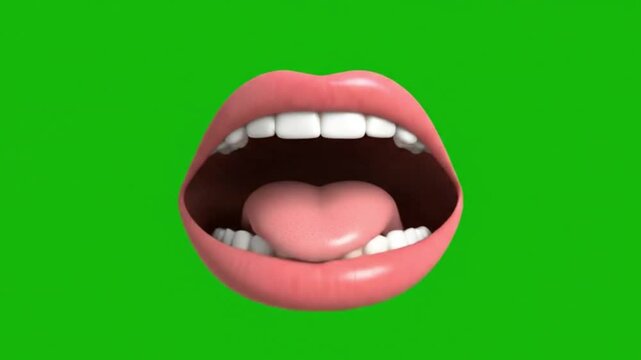 An open mouth with pink lips white teeth and a tongue set against a green background
