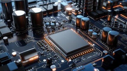 Close-Up View of Circuit Board with Microchip and Capacitors